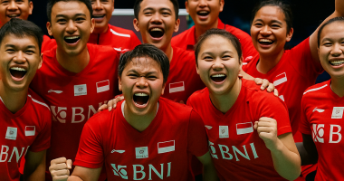 Tim bulu tangkis Indonesia rayakan kemenangan semifinal Sudirman Cup 2025